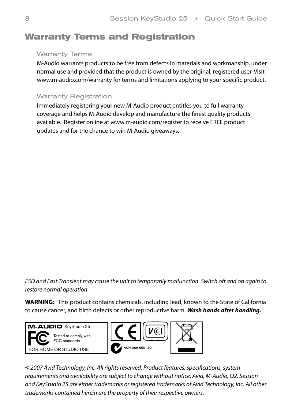 Warranty terms and registration | M-AUDIO 25 User Manual | Page 9 / 10