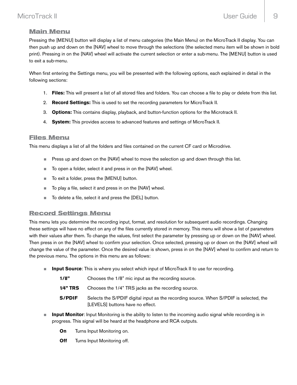 Main menu, Files menu, Record settings menu | User guide 9 microtrack ii | M-AUDIO MicroTrack II User Manual | Page 10 / 27