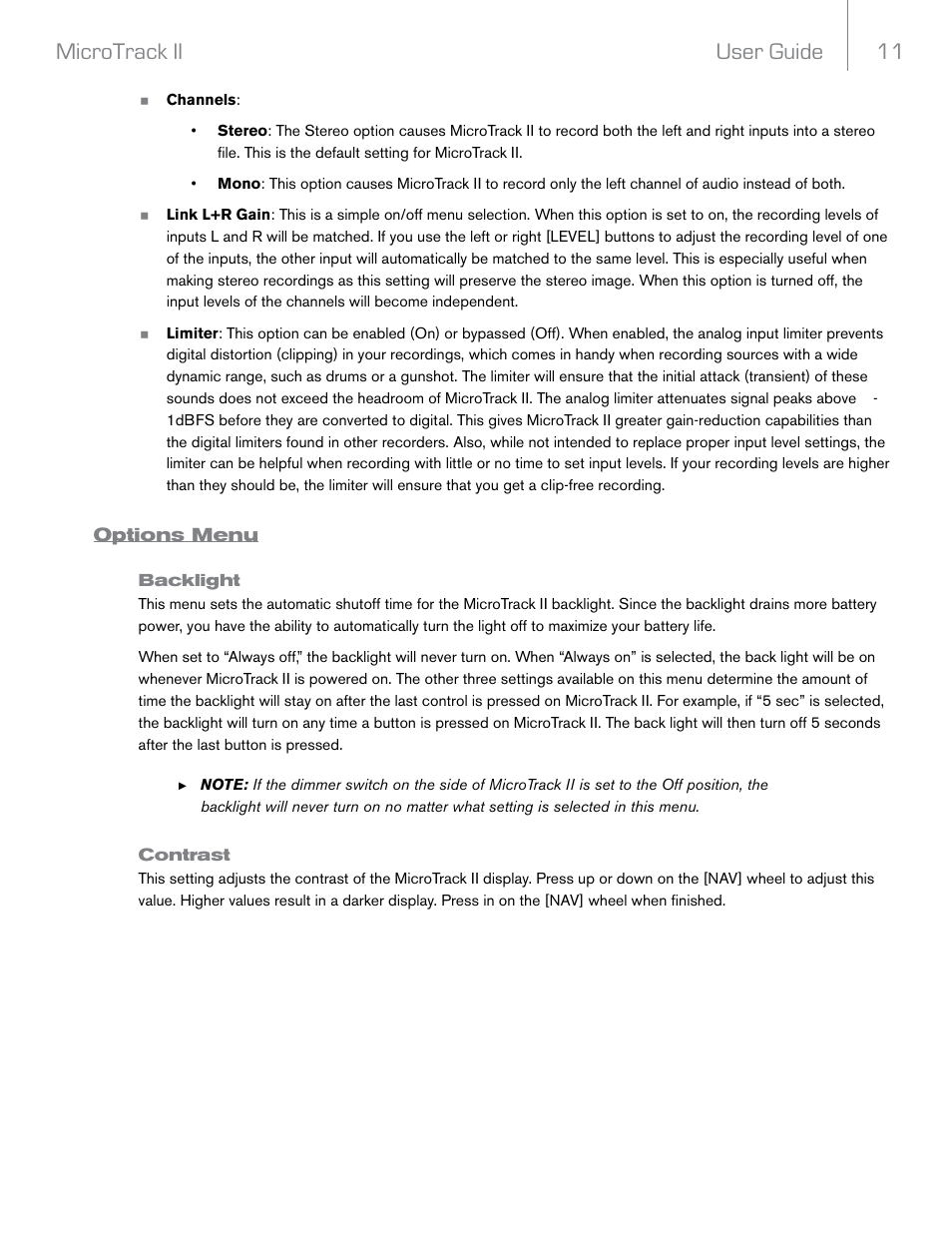 Options menu, Backlight, Contrast | User guide 11 microtrack ii | M-AUDIO MicroTrack II User Manual | Page 12 / 27