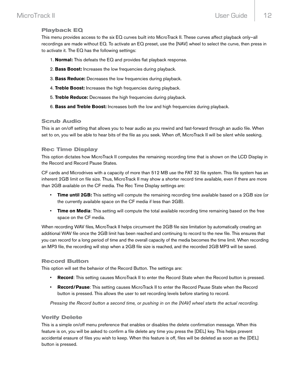 Playback eq, Scrub audio, Rec time display | Record button, Verify delete, User guide 12 microtrack ii | M-AUDIO MicroTrack II User Manual | Page 13 / 27