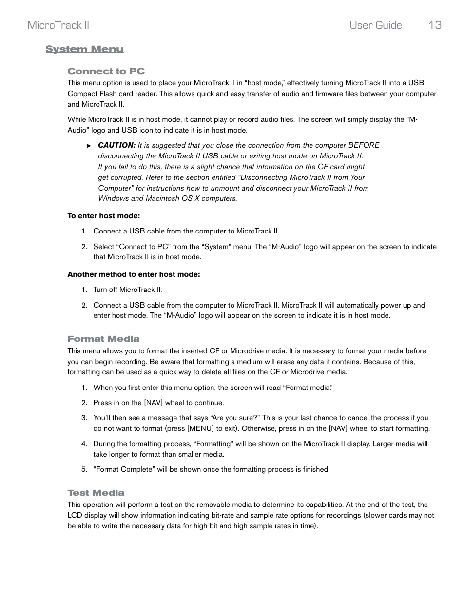 System menu, Connect to pc, Format media | Test media, User guide 13 microtrack ii | M-AUDIO MicroTrack II User Manual | Page 14 / 27