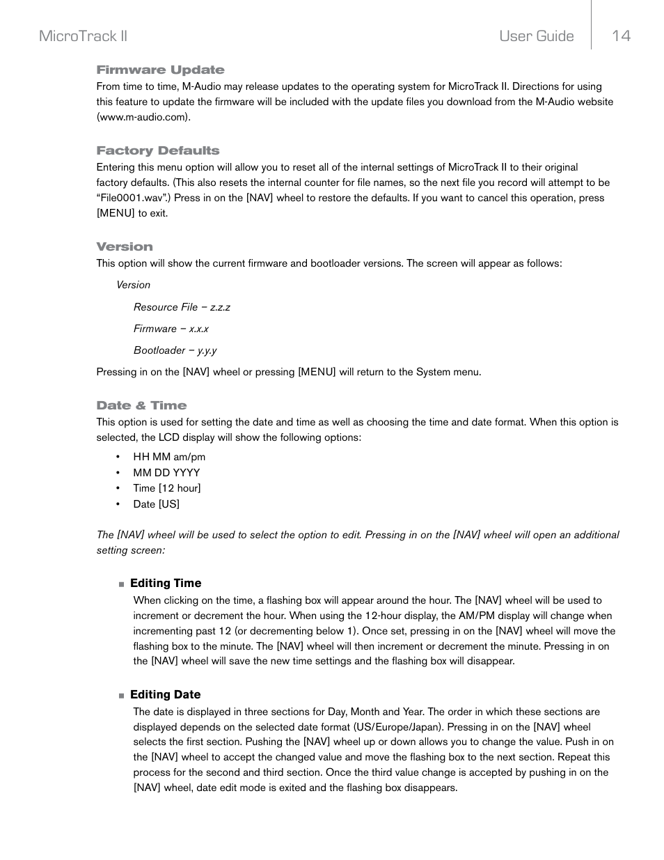 Firmware update, Factory defaults, Version | Date & time, User guide 14 microtrack ii | M-AUDIO MicroTrack II User Manual | Page 15 / 27