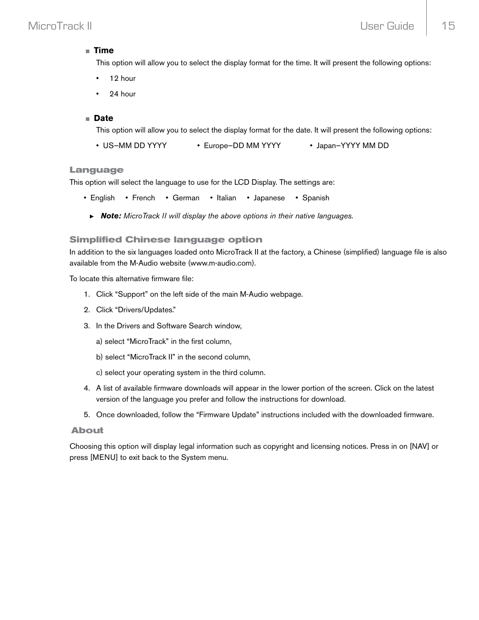 Language, Simplified chinese language option, About | User guide 15 microtrack ii | M-AUDIO MicroTrack II User Manual | Page 16 / 27