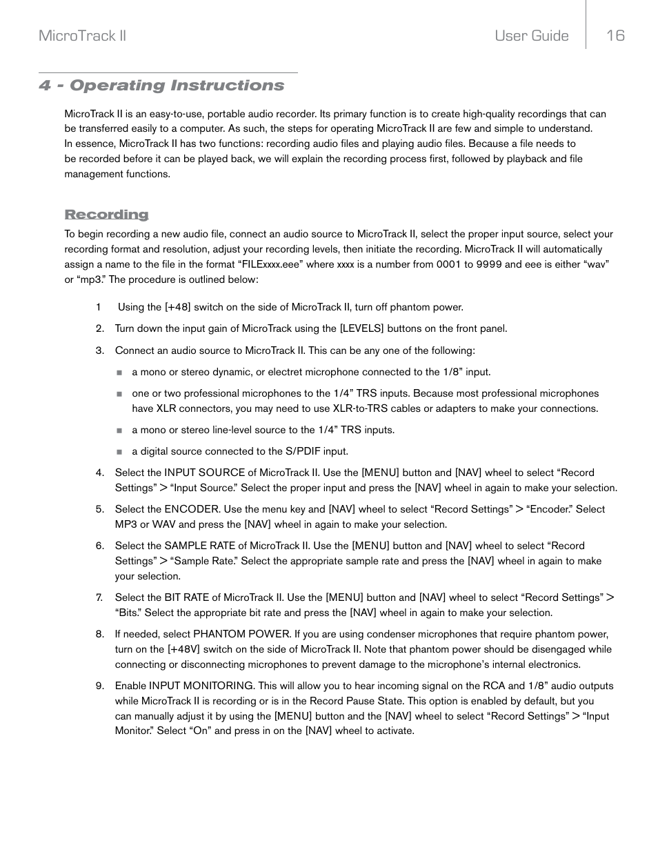 4 - operating instructions, Recording, User guide 16 microtrack ii | M-AUDIO MicroTrack II User Manual | Page 17 / 27