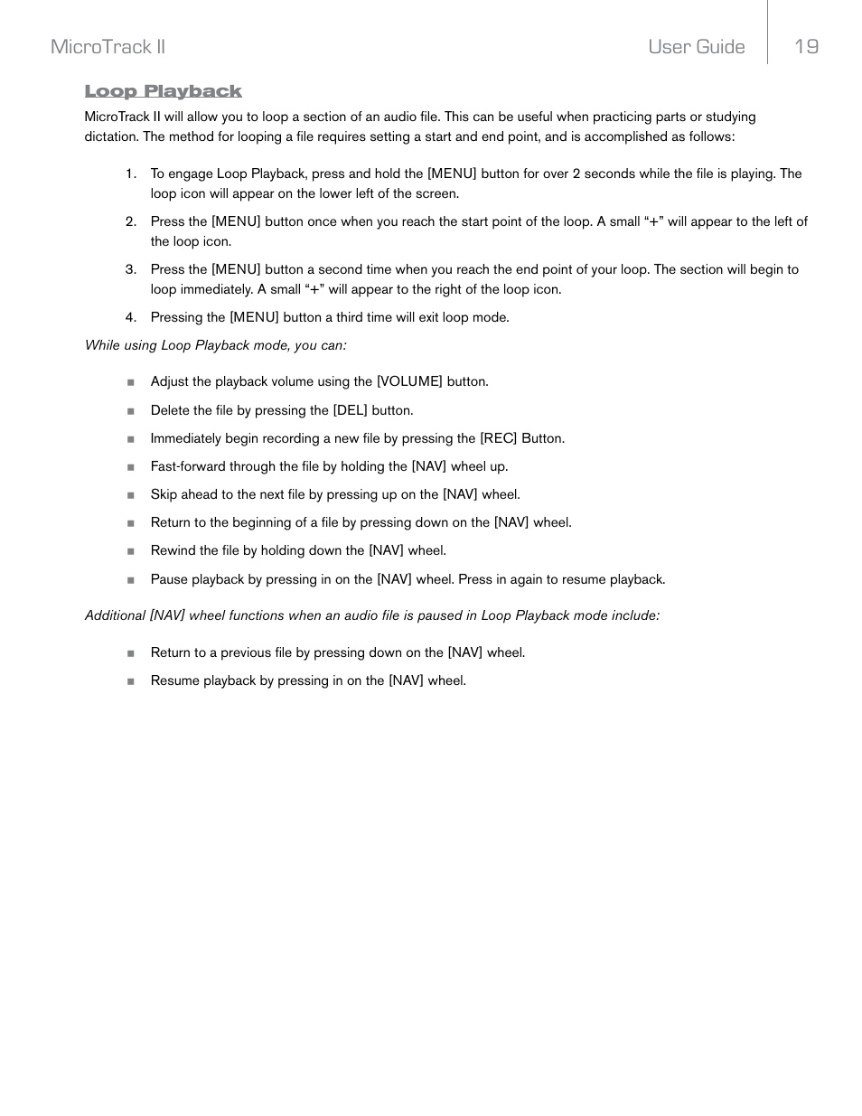 Loop playback, User guide 19 microtrack ii | M-AUDIO MicroTrack II User Manual | Page 20 / 27