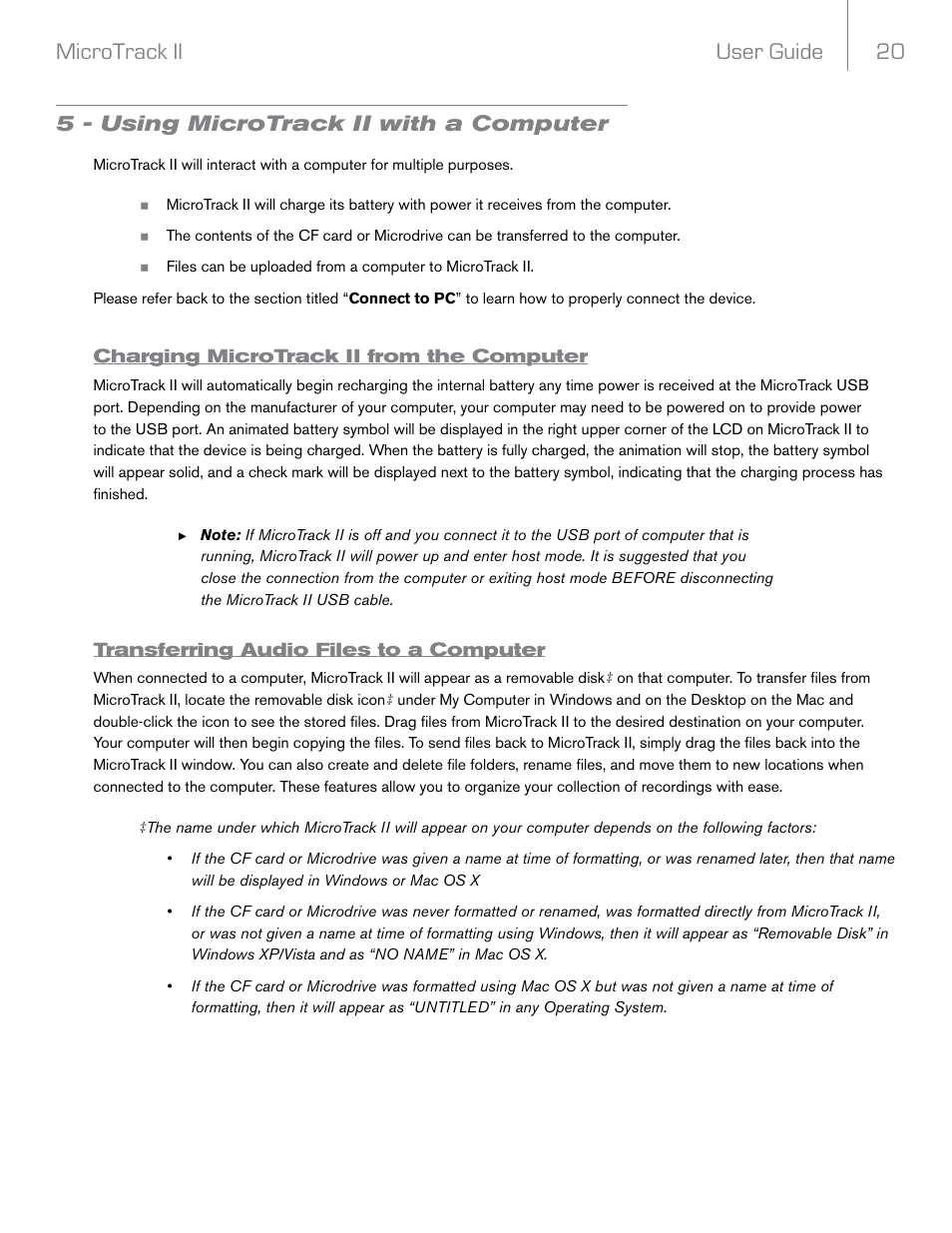 5 - using microtrack ii with a computer, Charging microtrack ii from the computer, Transferring audio files to a computer | User guide 20 microtrack ii | M-AUDIO MicroTrack II User Manual | Page 21 / 27