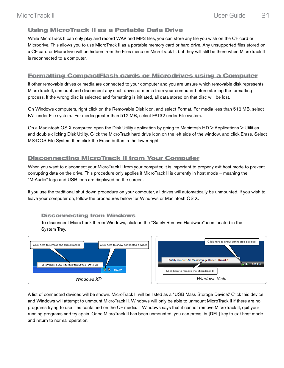 Using microtrack ii as a portable data drive, Disconnecting microtrack ii from your computer, Disconnecting from windows | User guide 21 microtrack ii | M-AUDIO MicroTrack II User Manual | Page 22 / 27