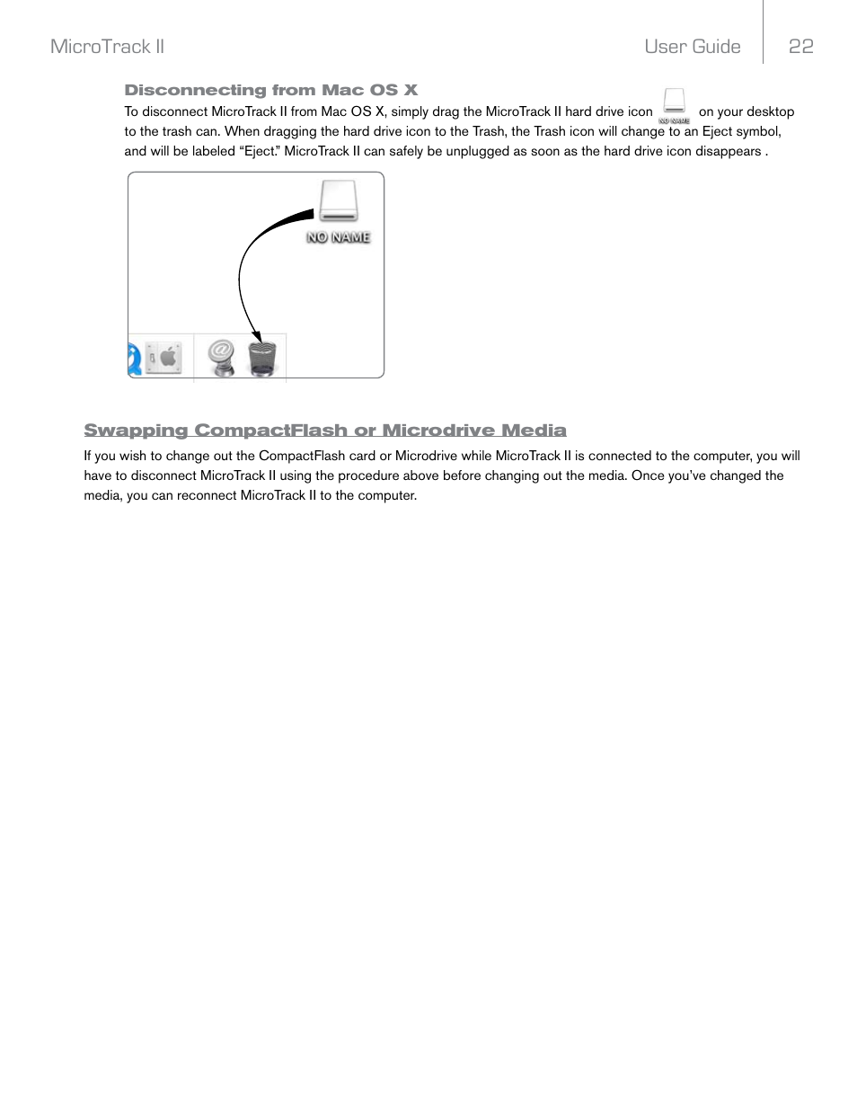 Disconnecting from mac os x, Swapping compactflash or microdrive media, User guide 22 microtrack ii | M-AUDIO MicroTrack II User Manual | Page 23 / 27