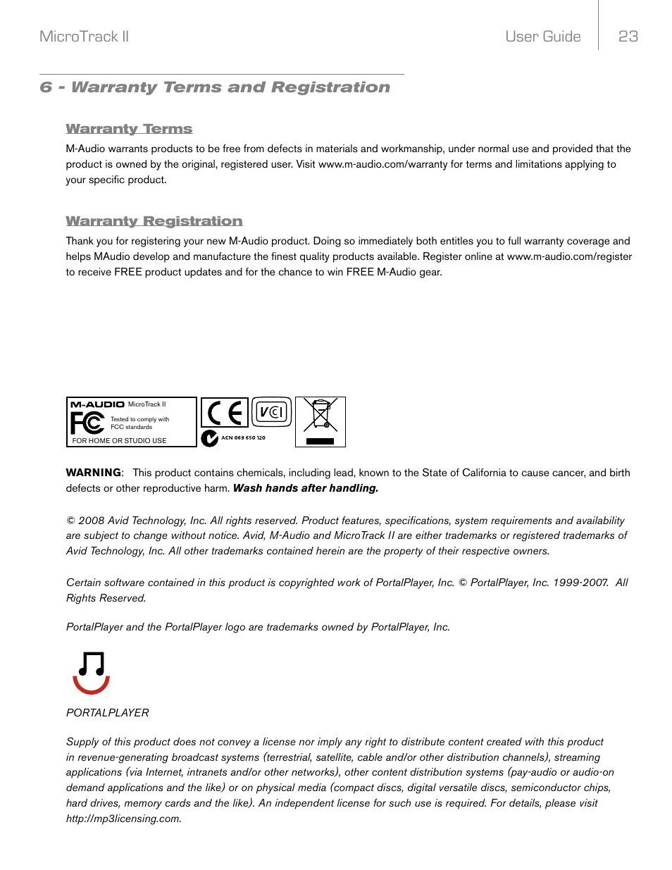 6 - warranty terms and registration, Warranty terms, Warranty registration | User guide 23 microtrack ii | M-AUDIO MicroTrack II User Manual | Page 24 / 27