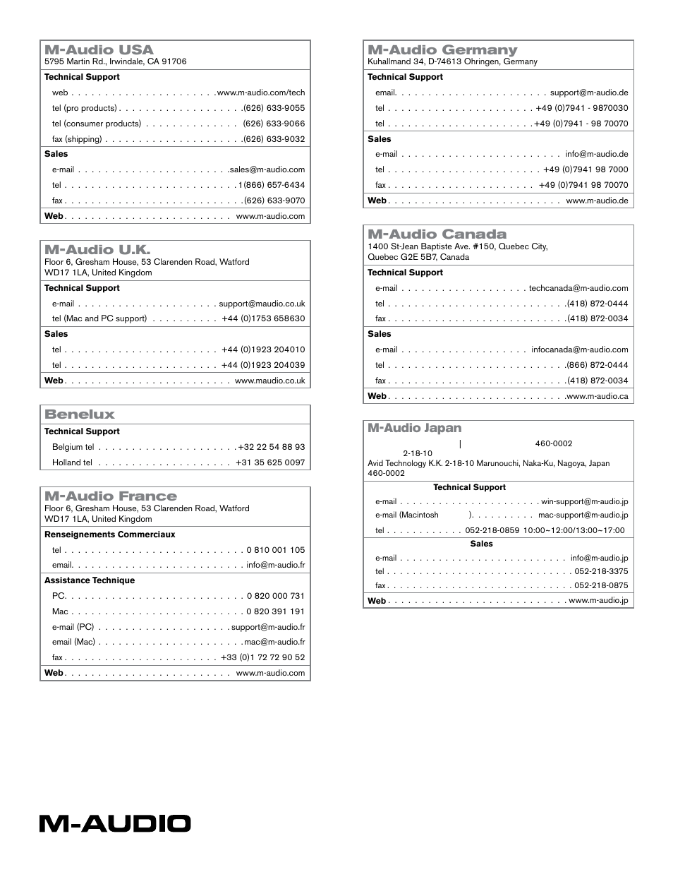 Contact, M-audio usa, M-audio u.k | Benelux, M-audio france, M-audio germany, M-audio canada, M-audio japan | M-AUDIO MicroTrack II User Manual | Page 27 / 27