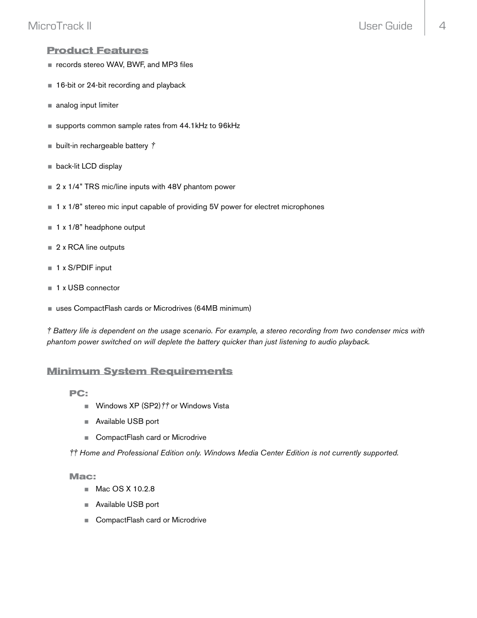 Product features, Minimum system requirements, User guide 4 microtrack ii | M-AUDIO MicroTrack II User Manual | Page 5 / 27