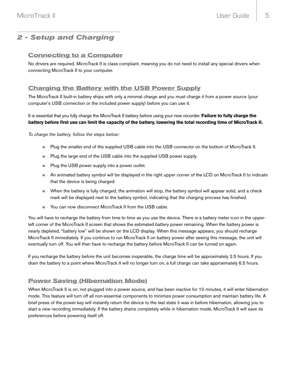 2 - setup and charging, Connecting to a computer, Charging the battery with the usb power supply | Power saving (hibernation mode), User guide 5 microtrack ii | M-AUDIO MicroTrack II User Manual | Page 6 / 27