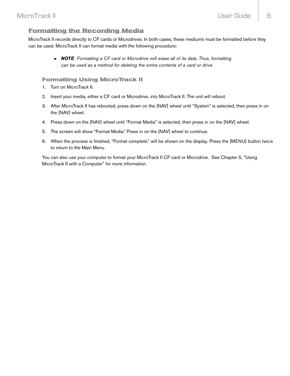 Formatting the recording media, Formatting using microtrack ii, User guide 6 microtrack ii | M-AUDIO MicroTrack II User Manual | Page 7 / 27