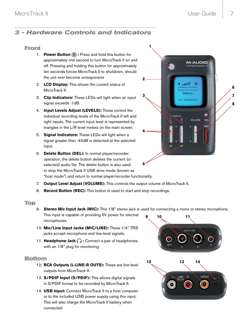 3 - hardware controls and indicators, Front, Bottom | User guide 7 microtrack ii | M-AUDIO MicroTrack II User Manual | Page 8 / 27