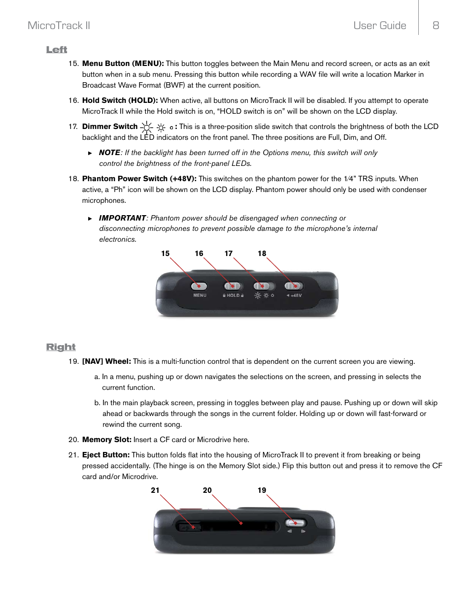 Left, Right, User guide 8 microtrack ii | M-AUDIO MicroTrack II User Manual | Page 9 / 27