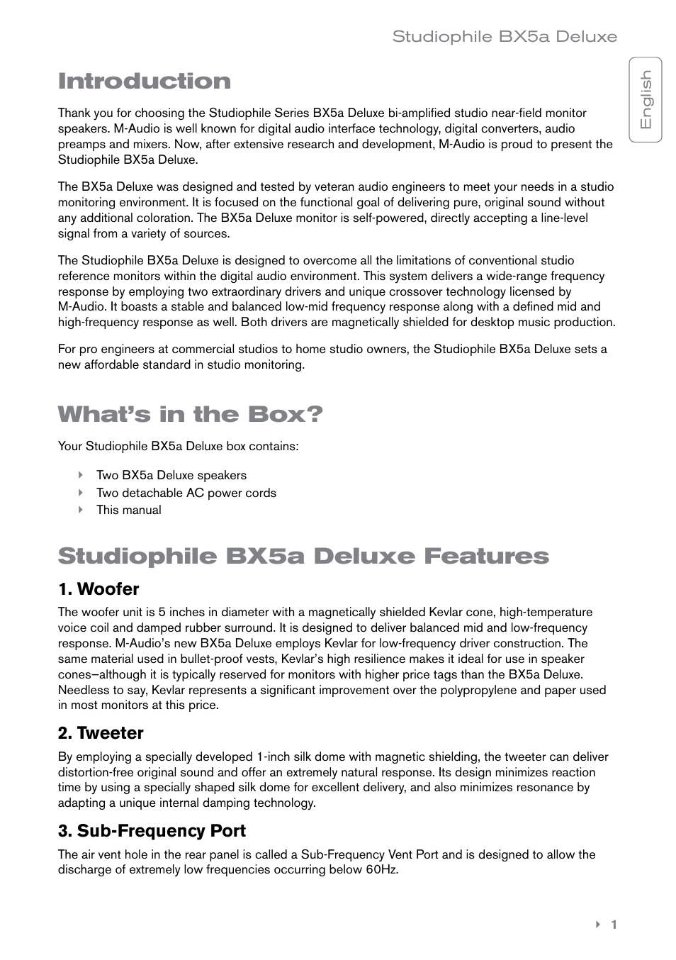 Introduction, What’s in the box, Studiophile bx5a deluxe features | M-AUDIO BX5A User Manual | Page 2 / 8