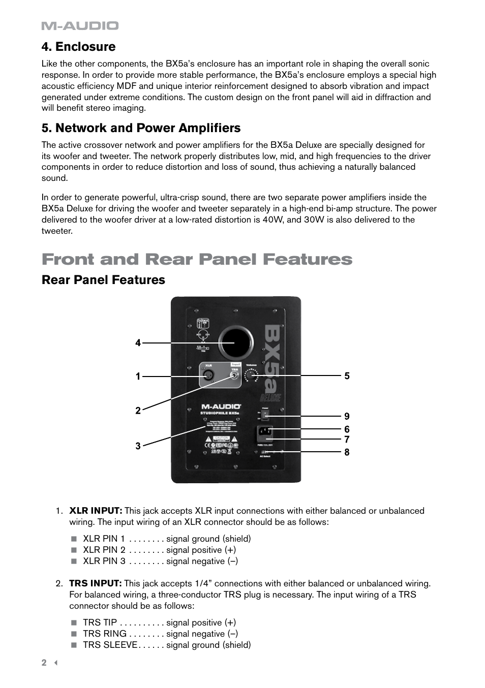 Front and rear panel features, Enclosure, Network and power amplifiers | Rear panel features | M-AUDIO BX5A User Manual | Page 3 / 8