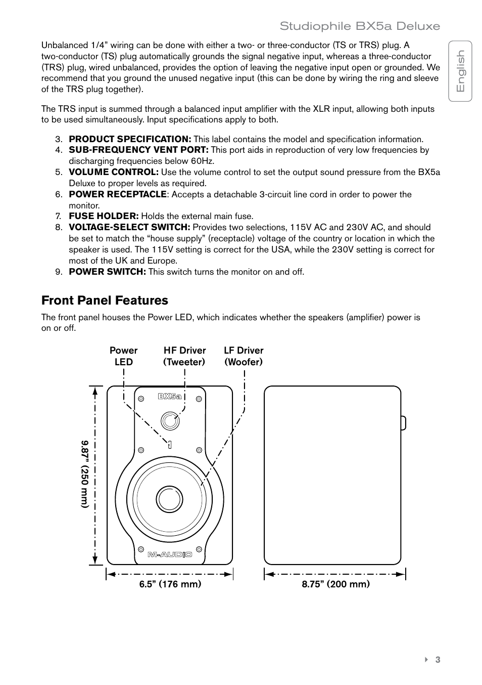 Front panel features | M-AUDIO BX5A User Manual | Page 4 / 8