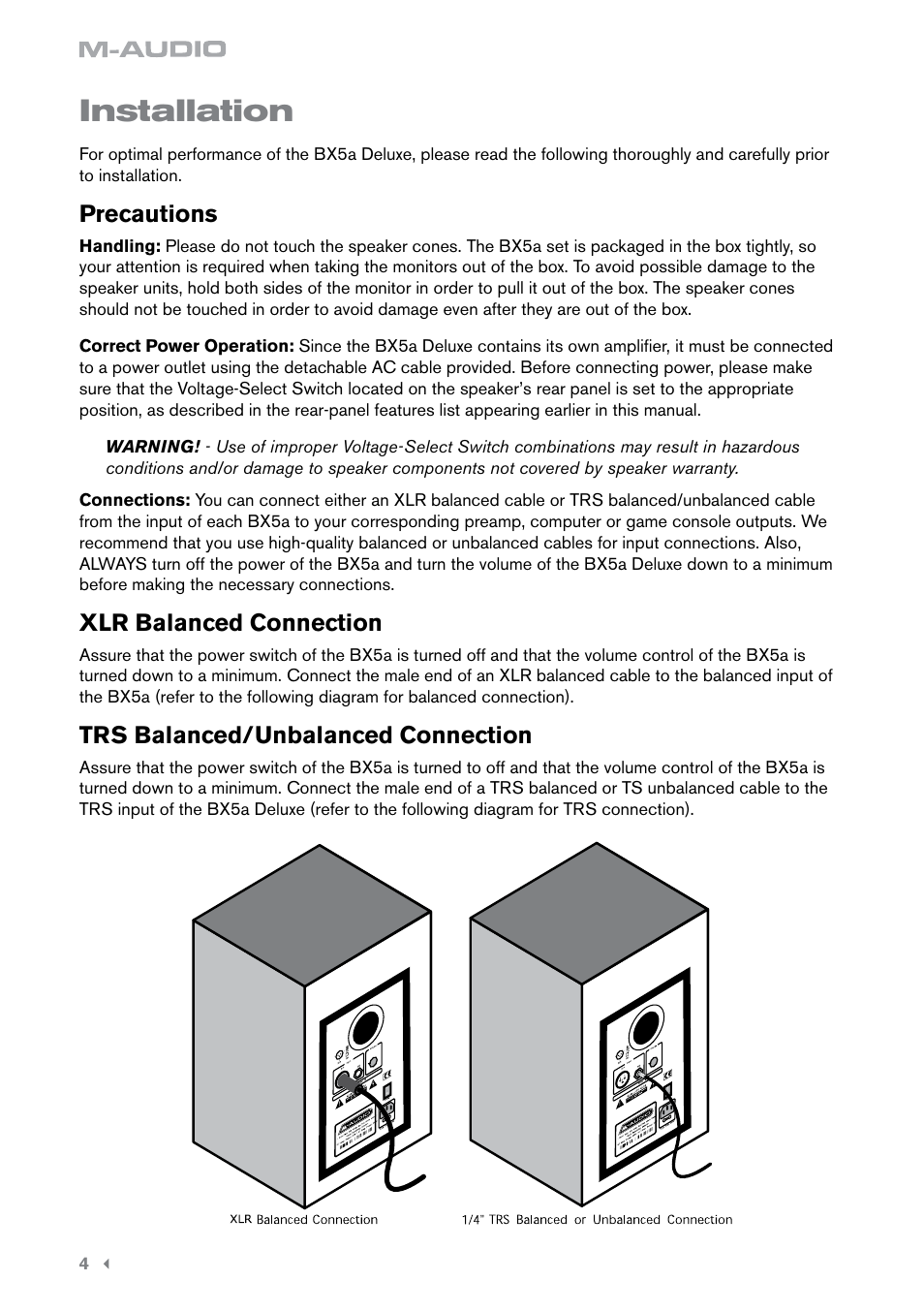 Installation, Precautions, Xlr balanced connection | Trs balanced/unbalanced connection | M-AUDIO BX5A User Manual | Page 5 / 8