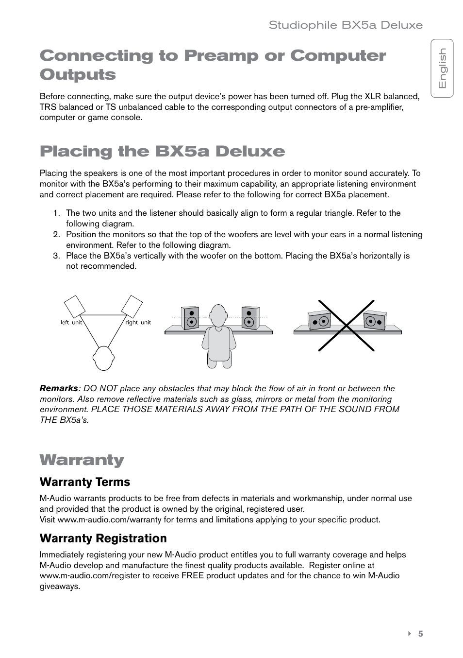 Connecting to preamp or computer outputs, Placing the bx5a deluxe, Warranty | M-AUDIO BX5A User Manual | Page 6 / 8