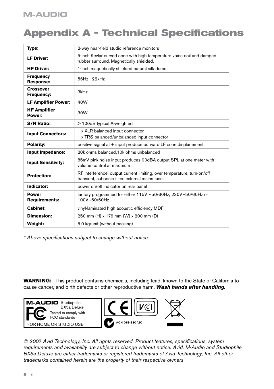 Appendix a - technical specifications | M-AUDIO BX5A User Manual | Page 7 / 8