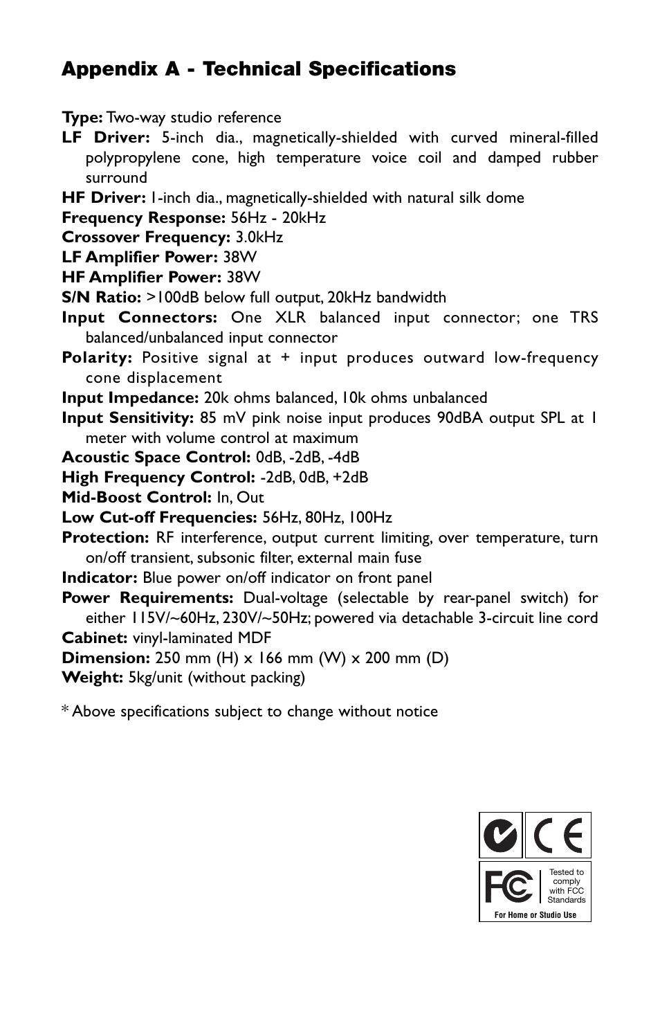 Appendix a - technical specifications | M-AUDIO Studiophile BX5 User Manual | Page 12 / 16