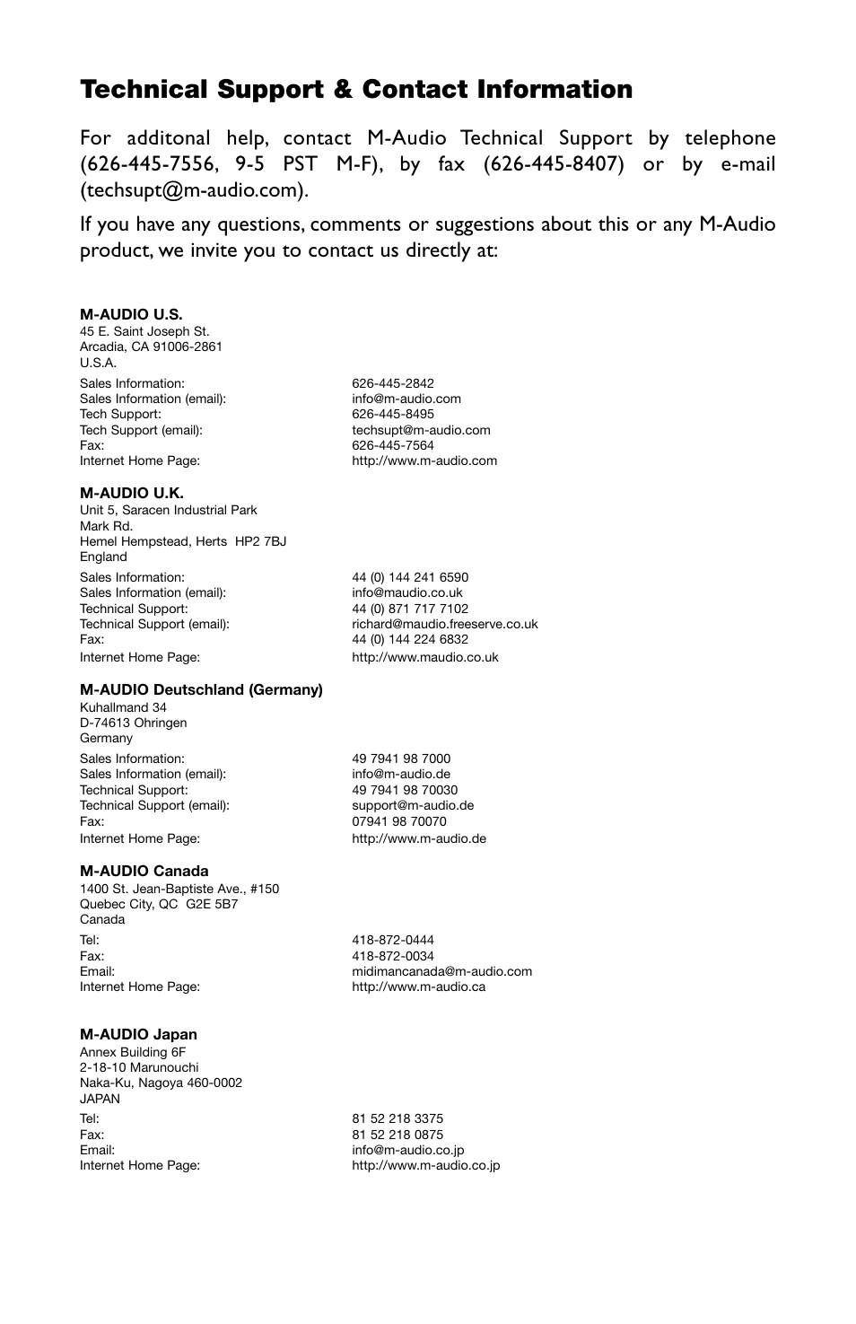 Technical support & contact information | M-AUDIO Studiophile BX5 User Manual | Page 14 / 16