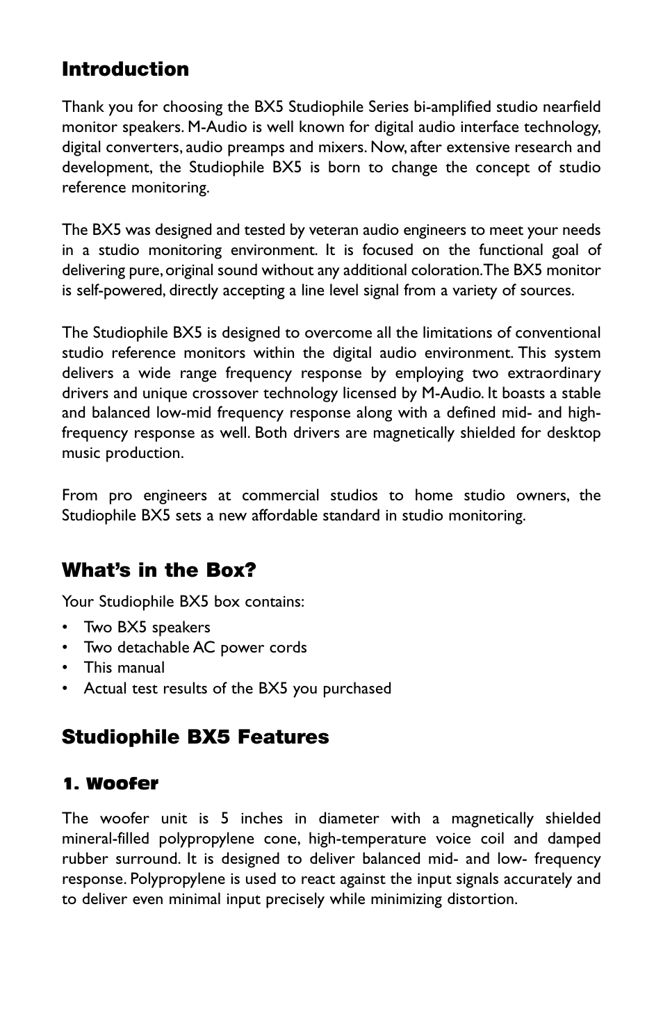 Introduction, What’s in the box, Studiophile bx5 features | M-AUDIO Studiophile BX5 User Manual | Page 2 / 16