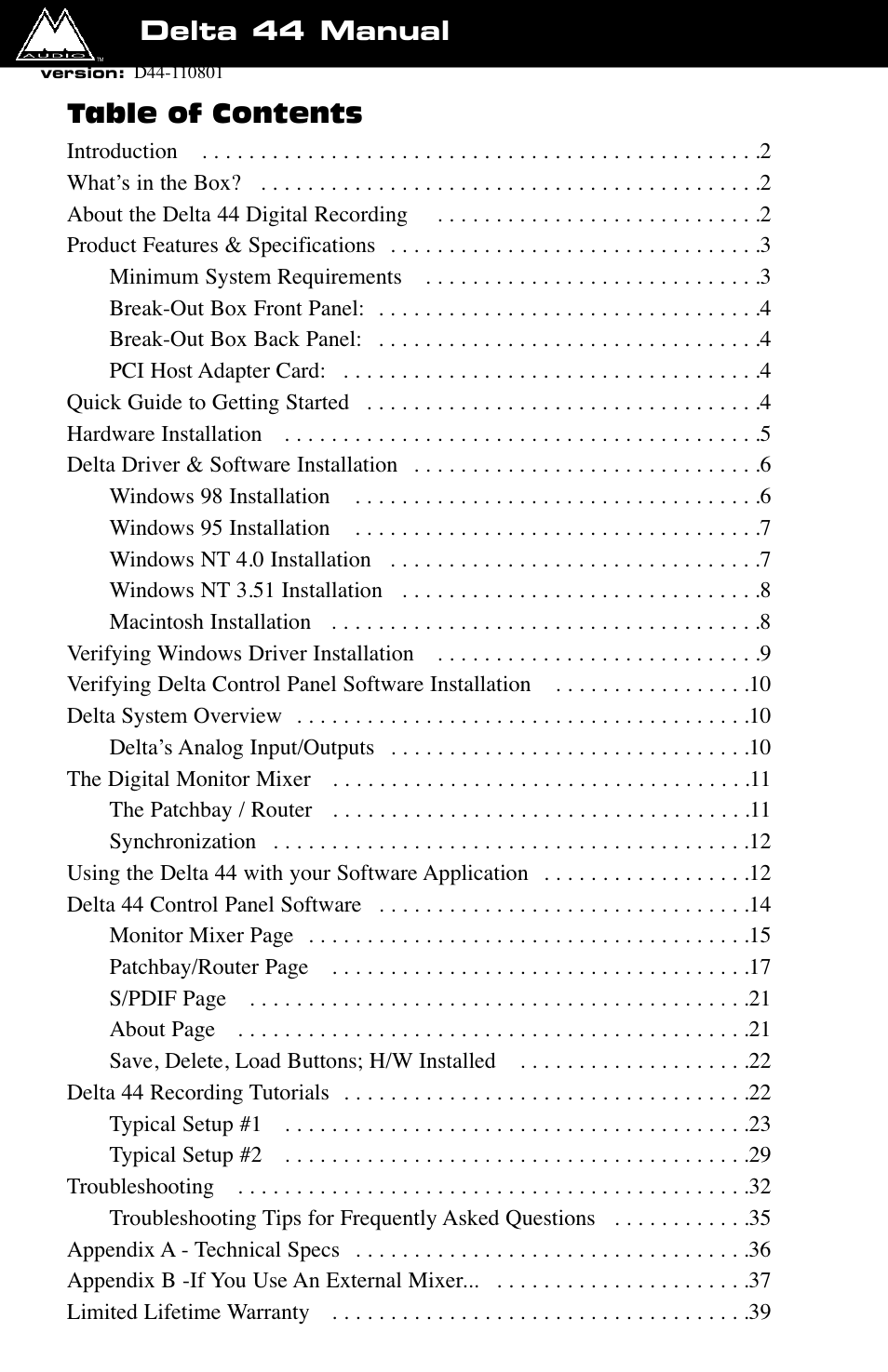 M-AUDIO Digital Recording Interface Delta 44 User Manual | 39 pages