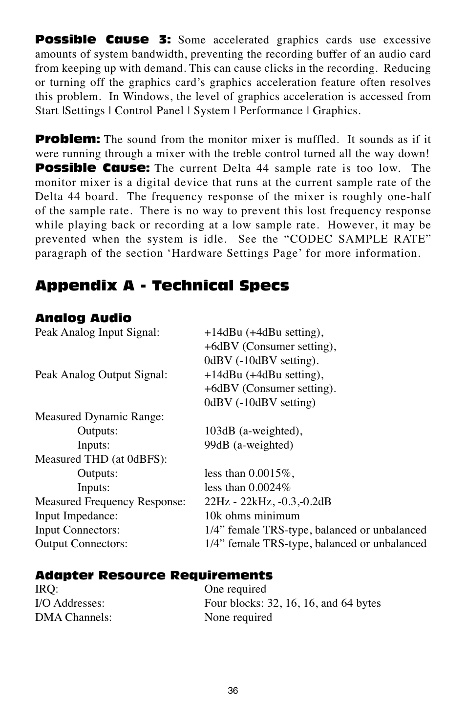 Appendix a - technical specs | M-AUDIO Digital Recording Interface Delta 44 User Manual | Page 36 / 39