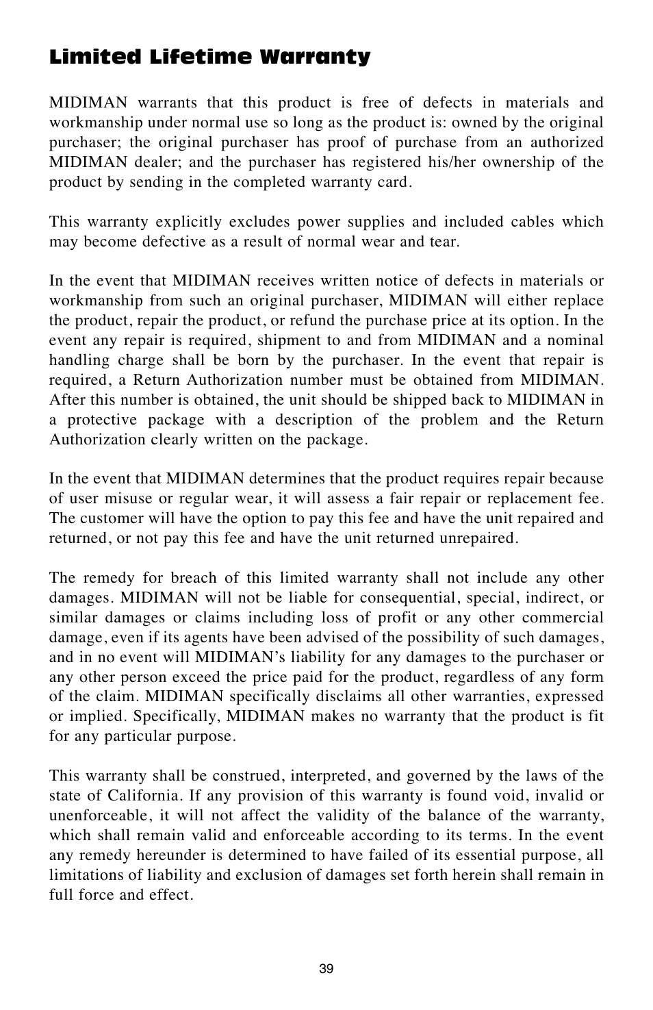 Limited lifetime warranty | M-AUDIO Digital Recording Interface Delta 44 User Manual | Page 39 / 39