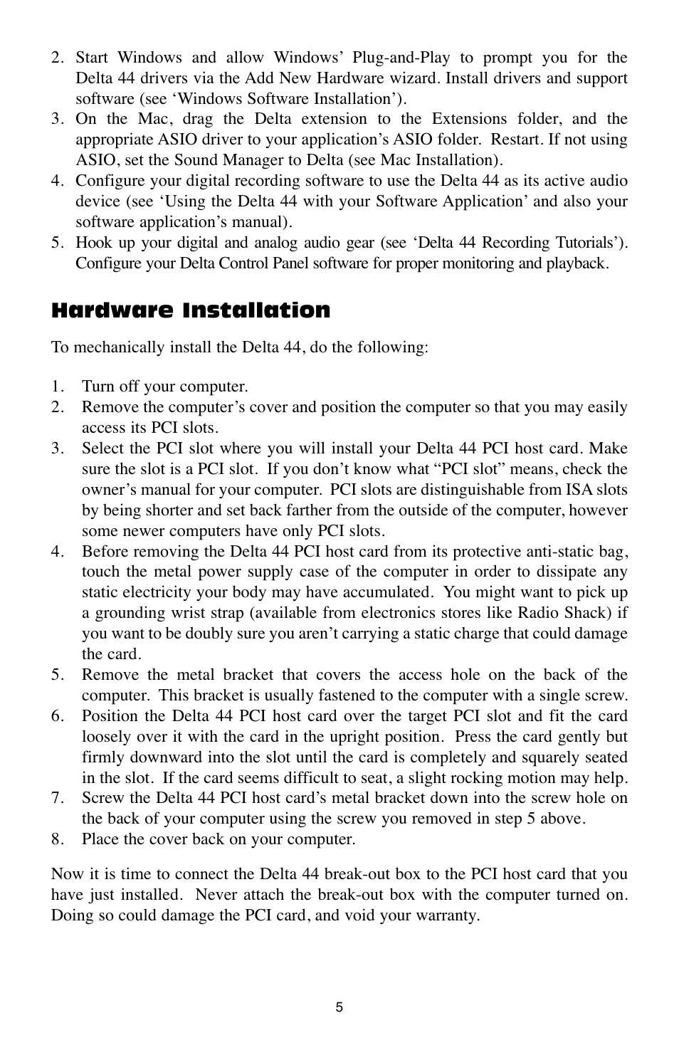 Hardware installation | M-AUDIO Digital Recording Interface Delta 44 User Manual | Page 5 / 39