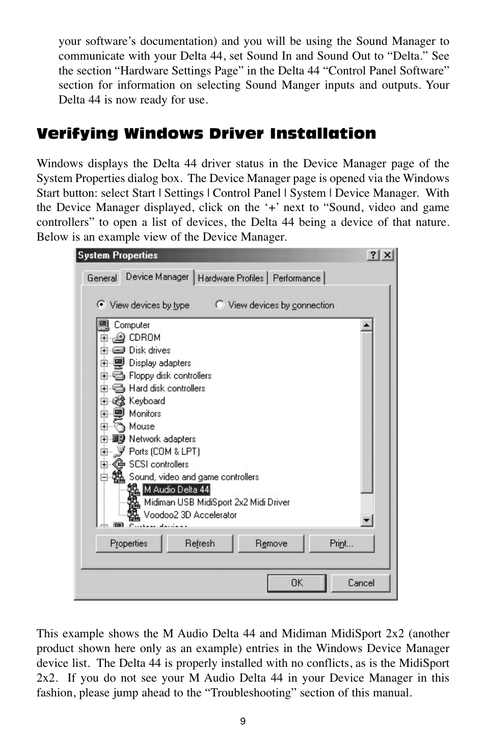 Verifying windows driver installation | M-AUDIO Digital Recording Interface Delta 44 User Manual | Page 9 / 39