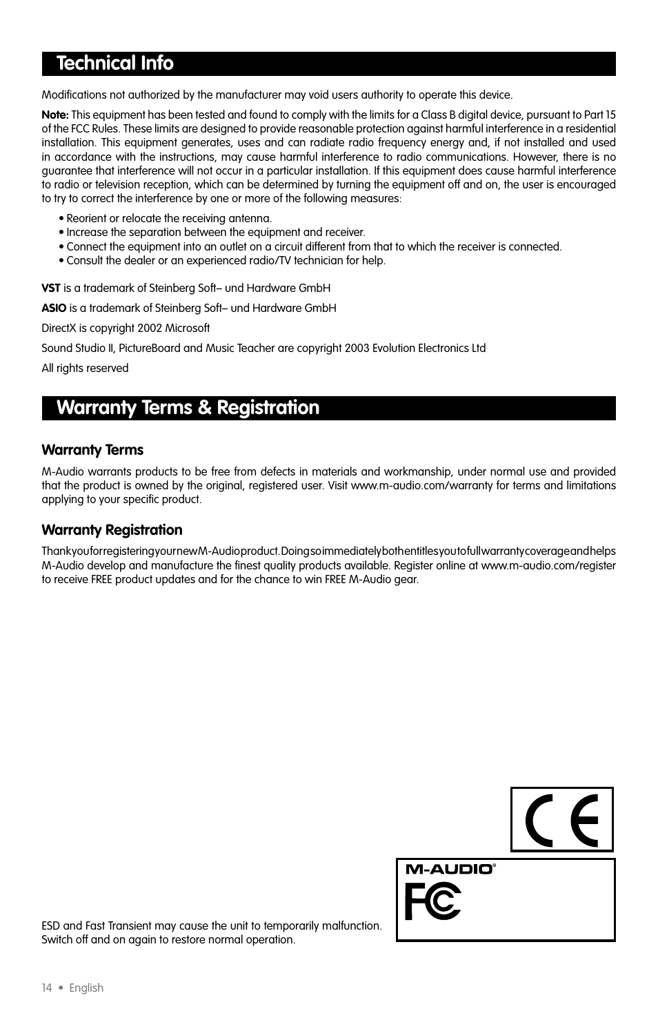 Technical info, Warranty terms & registration | M-AUDIO X-SESSION User Manual | Page 11 / 12