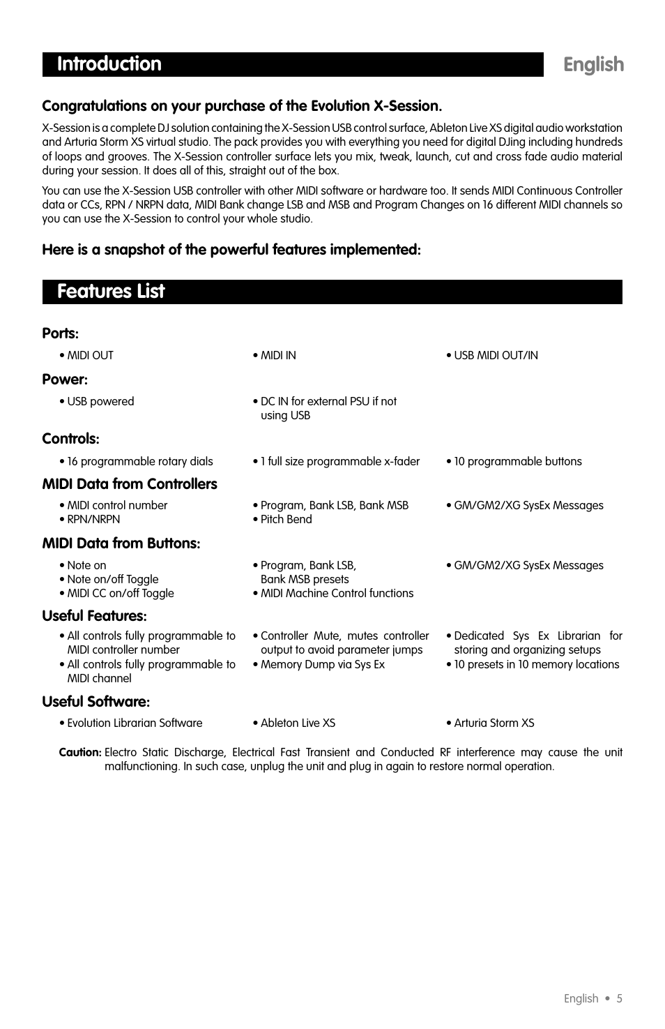 English, Introduction, Features list | M-AUDIO X-SESSION User Manual | Page 2 / 12