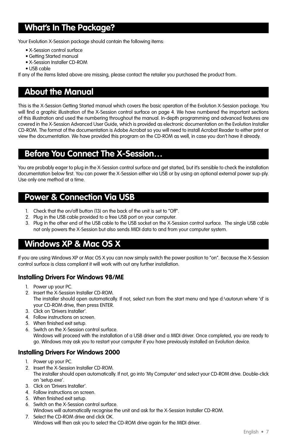 What’s in the package, About the manual, Before you connect the x-session | Power & connection via usb, Windows xp & mac os x | M-AUDIO X-SESSION User Manual | Page 4 / 12