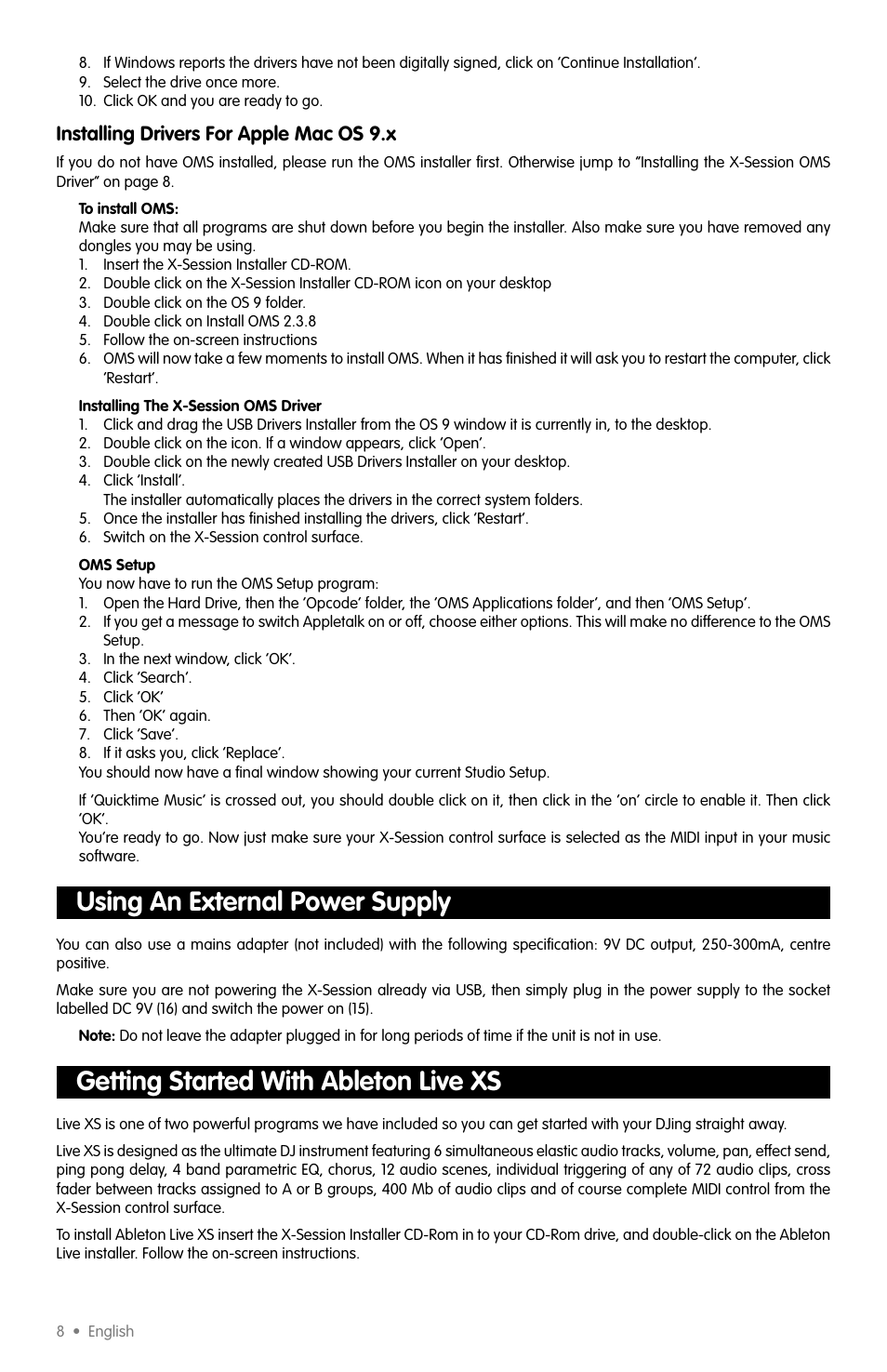 Using an external power supply, Getting started with ableton live xs, Installing drivers for apple mac os 9.x | M-AUDIO X-SESSION User Manual | Page 5 / 12