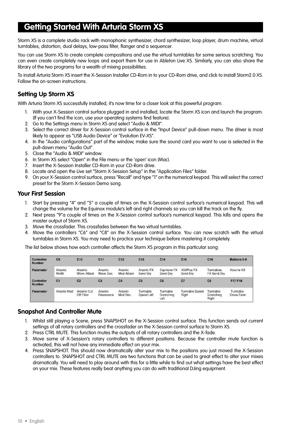 Getting started with arturia storm xs, Setting up storm xs, Your first session | Snapshot and controller mute | M-AUDIO X-SESSION User Manual | Page 7 / 12