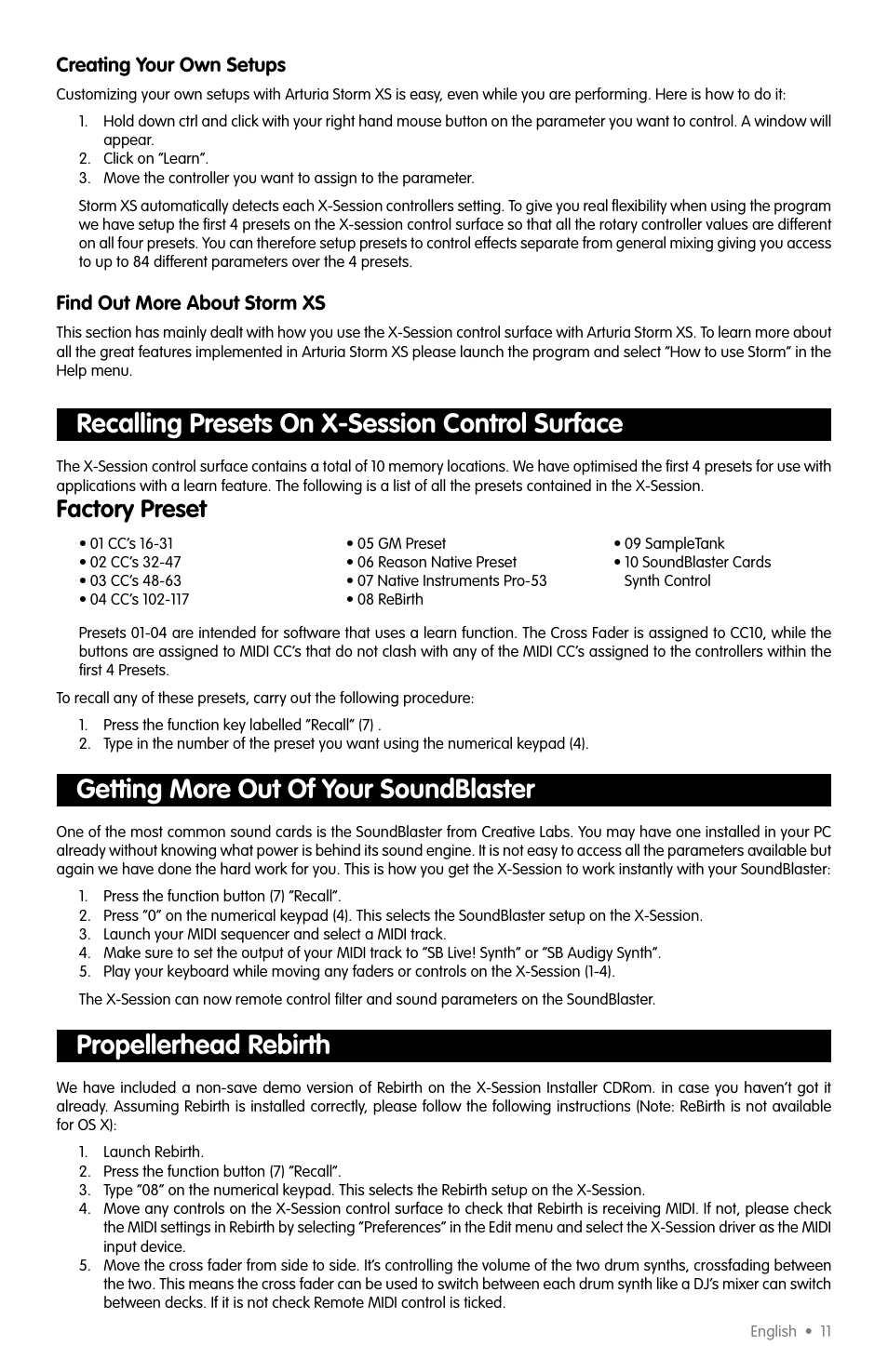 Recalling presets on x-session control surface, Getting more out of your soundblaster, Propellerhead rebirth | Factory preset | M-AUDIO X-SESSION User Manual | Page 8 / 12