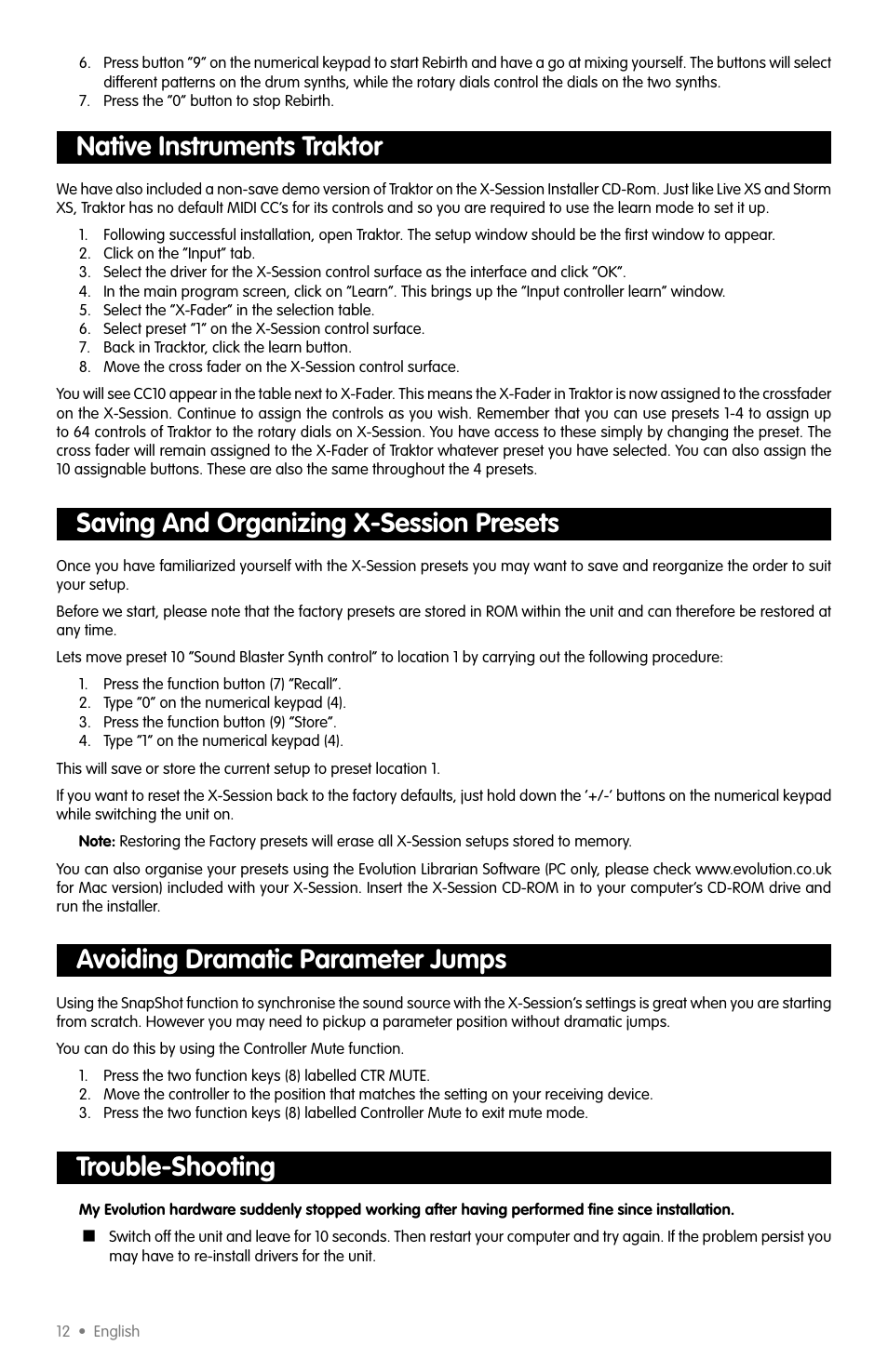 Native instruments traktor, Saving and organizing x-session presets, Avoiding dramatic parameter jumps | Trouble-shooting | M-AUDIO X-SESSION User Manual | Page 9 / 12