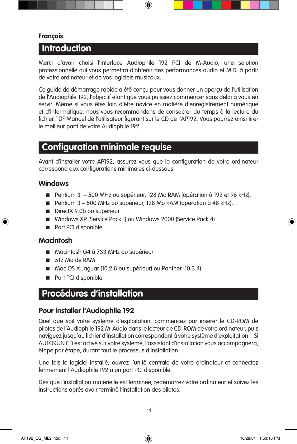Introduction, Conﬁguration minimale requise, Procédures d’installation | M-AUDIO 192s User Manual | Page 11 / 40