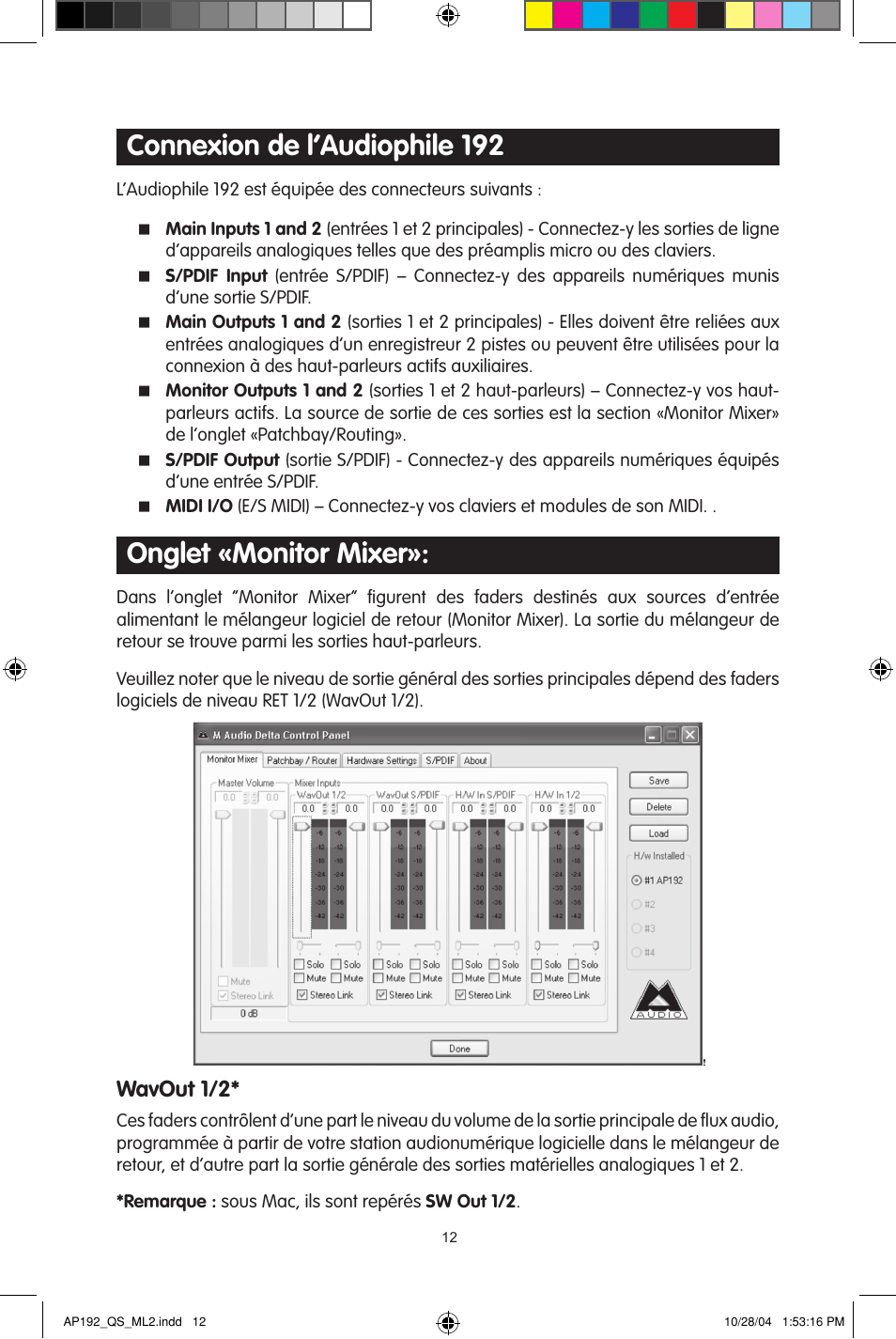 Connexion de l’audiophile 192, Onglet «monitor mixer, Wavout 1/2 | M-AUDIO 192s User Manual | Page 12 / 40