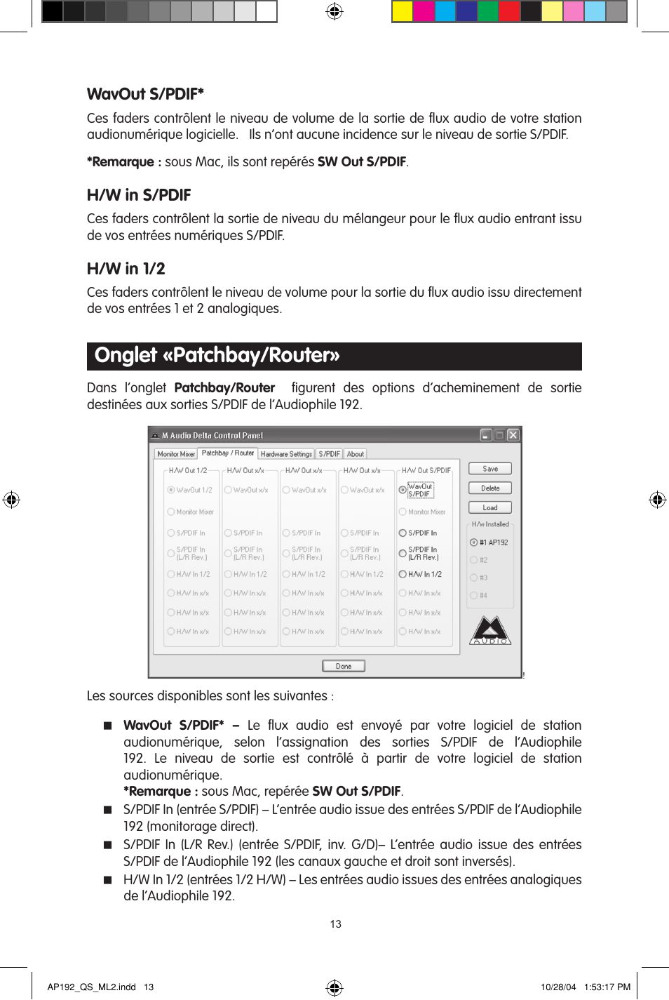 Onglet «patchbay/router, Wavout s/pdif, H/w in s/pdif | H/w in 1/2 | M-AUDIO 192s User Manual | Page 13 / 40