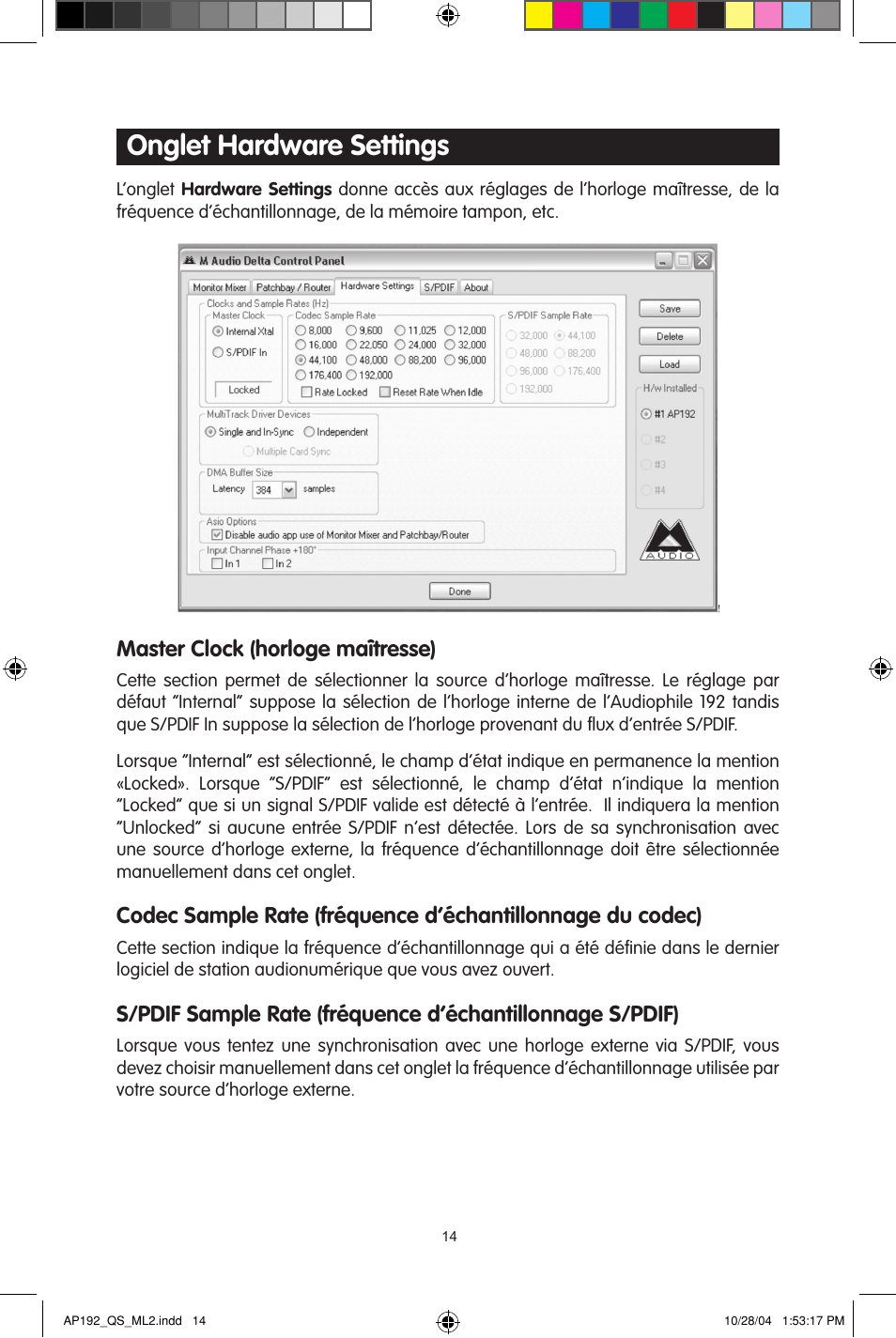 Onglet hardware settings, Master clock (horloge maîtresse) | M-AUDIO 192s User Manual | Page 14 / 40