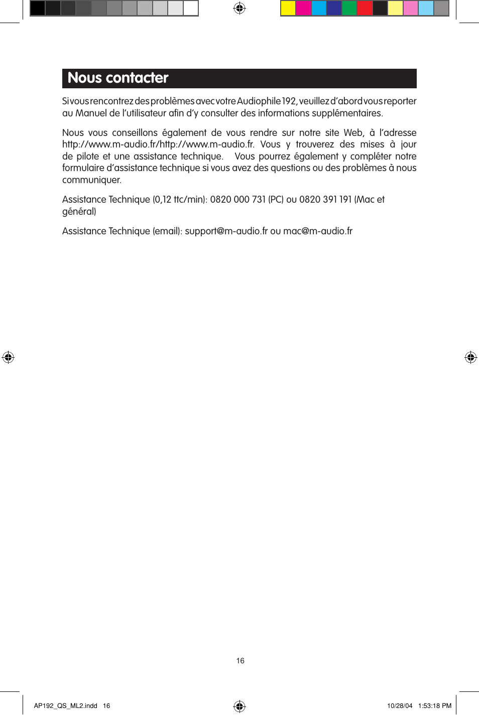 Nous contacter | M-AUDIO 192s User Manual | Page 16 / 40