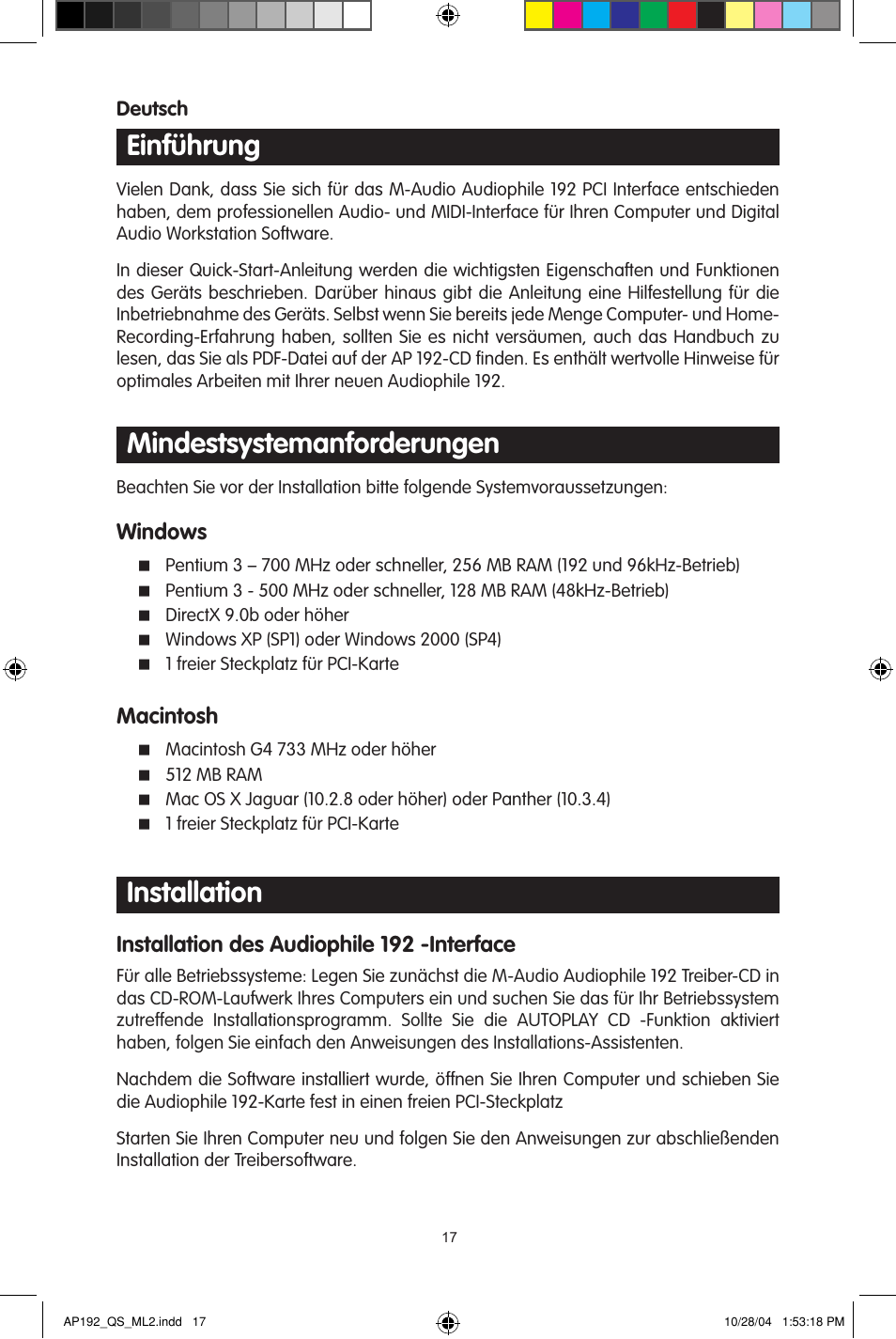 Einführung, Mindestsystemanforderungen, Installation | M-AUDIO 192s User Manual | Page 17 / 40