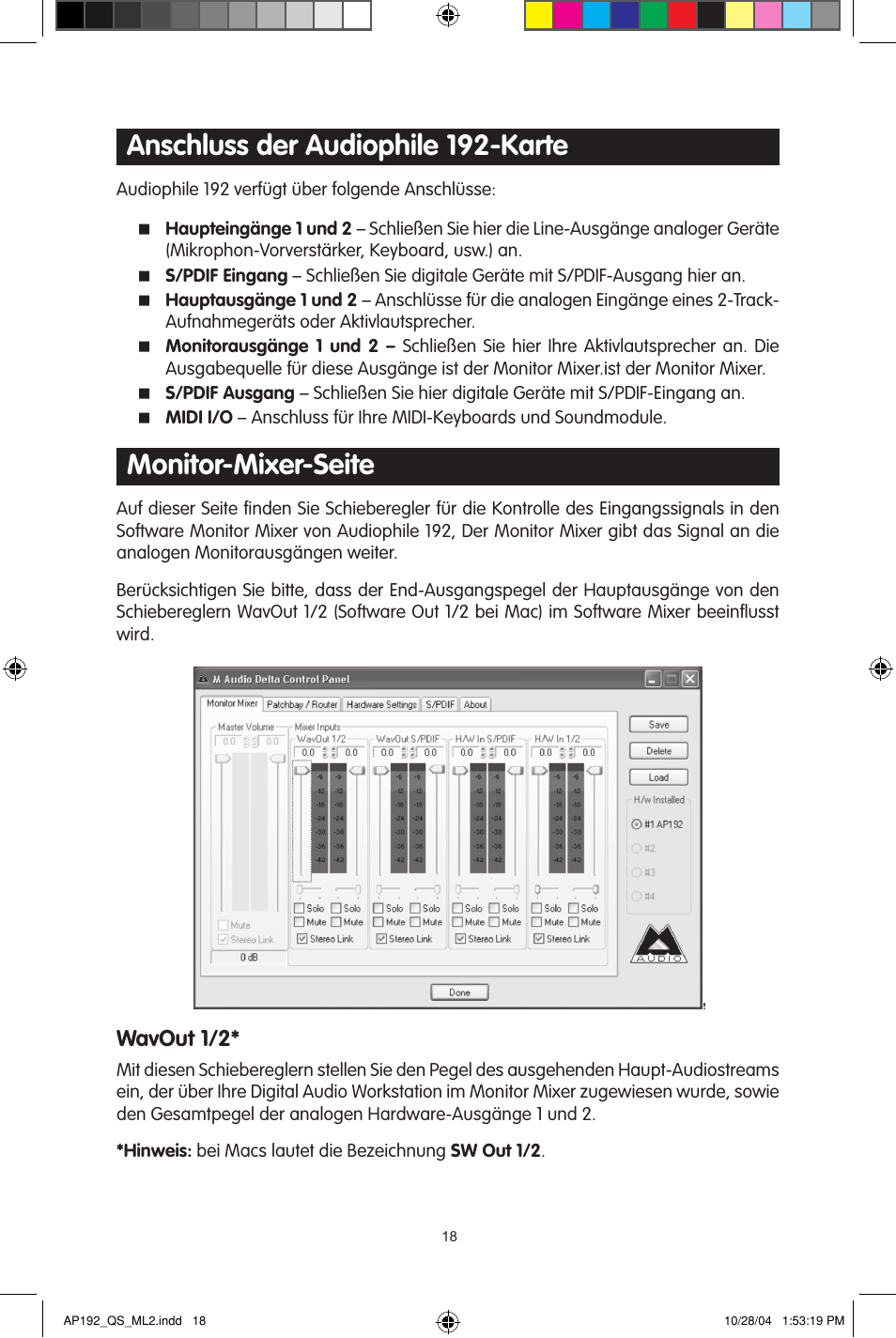 Anschluss der audiophile 192-karte, Monitor-mixer-seite, Wavout 1/2 | M-AUDIO 192s User Manual | Page 18 / 40