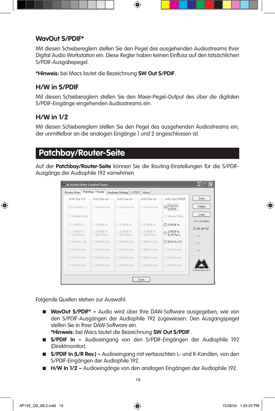 Patchbay/router-seite, Wavout s/pdif, H/w in s/pdif | H/w in 1/2 | M-AUDIO 192s User Manual | Page 19 / 40