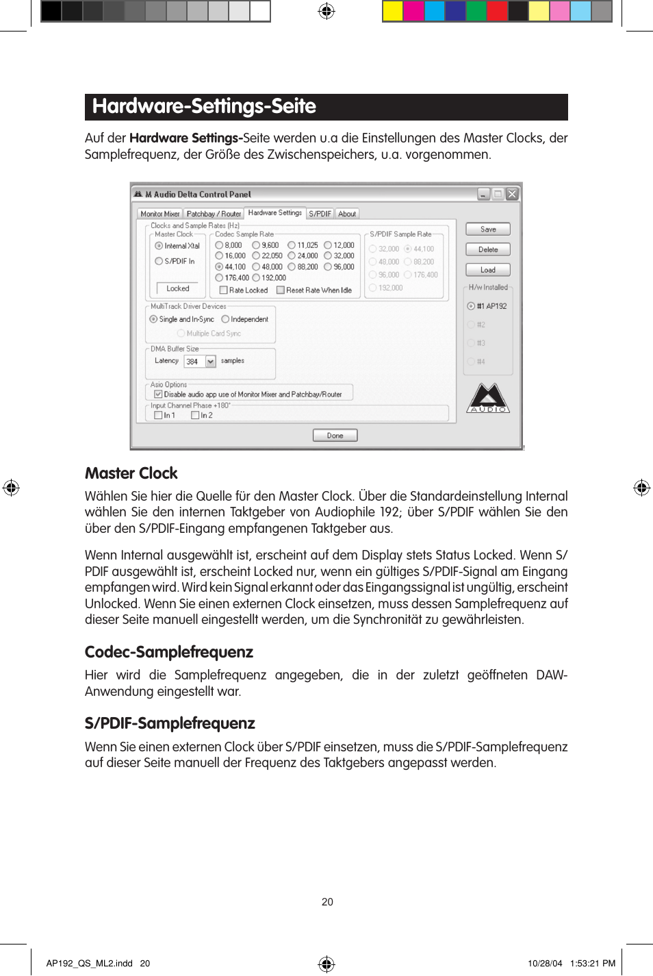 Hardware-settings-seite, Master clock, Codec-samplefrequenz | S/pdif-samplefrequenz | M-AUDIO 192s User Manual | Page 20 / 40