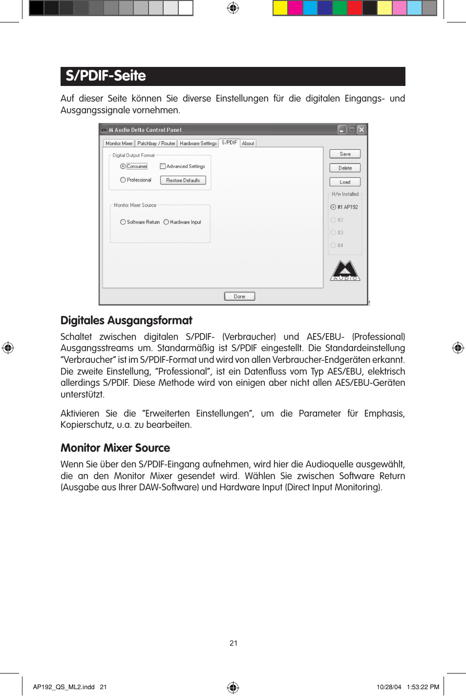 S/pdif-seite, Digitales ausgangsformat, Monitor mixer source | M-AUDIO 192s User Manual | Page 21 / 40